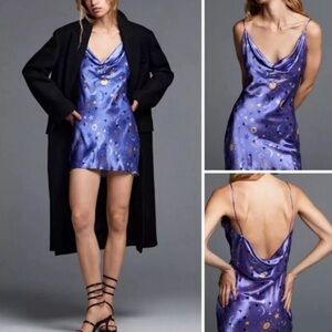 ZARA Sun Moon & Stars Lilac Satin Drape Neck Mini Slip Dress Size Small NWT
